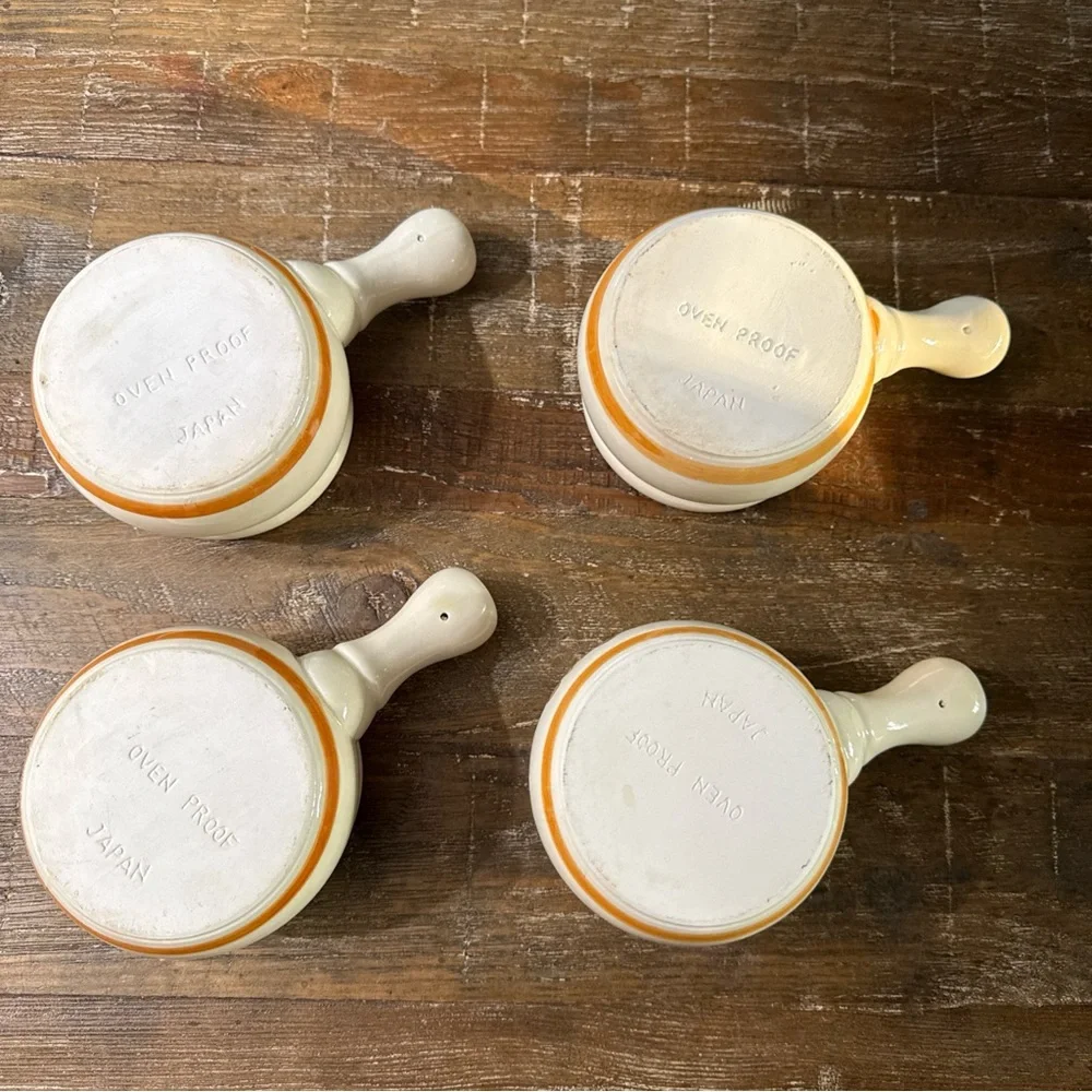 Cream Ceramic Handled Soup Bowls with Orange Trim and Mushroom Design - Set of 4